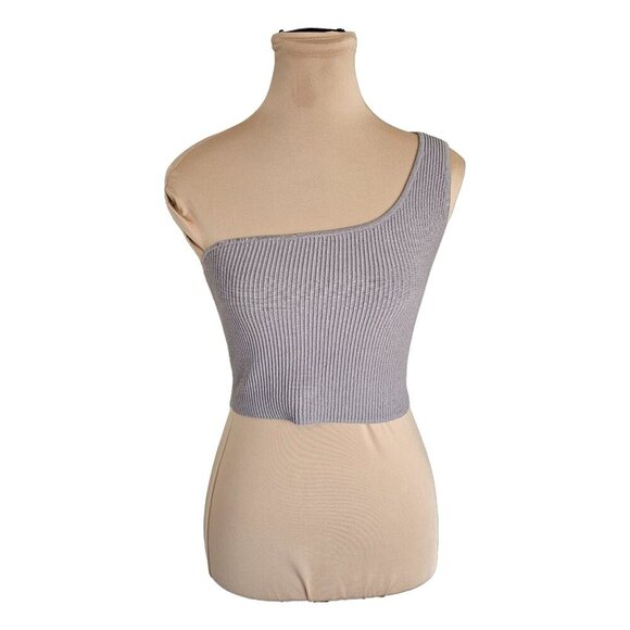 Babaton Grey One Shoulder Ribbed Sculpt Knit Cropped Top Sz L - Picture 2 of 9